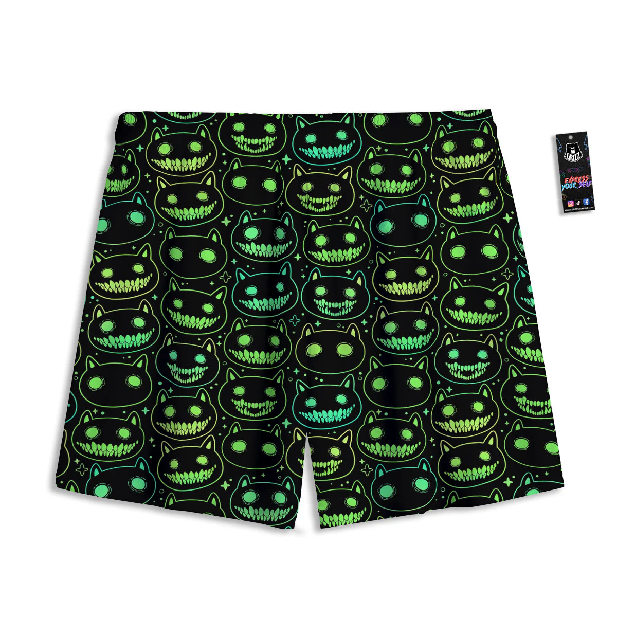 Green Black Head Cartoon Spooky Cat Print Pattern Mesh Shorts - Image 2