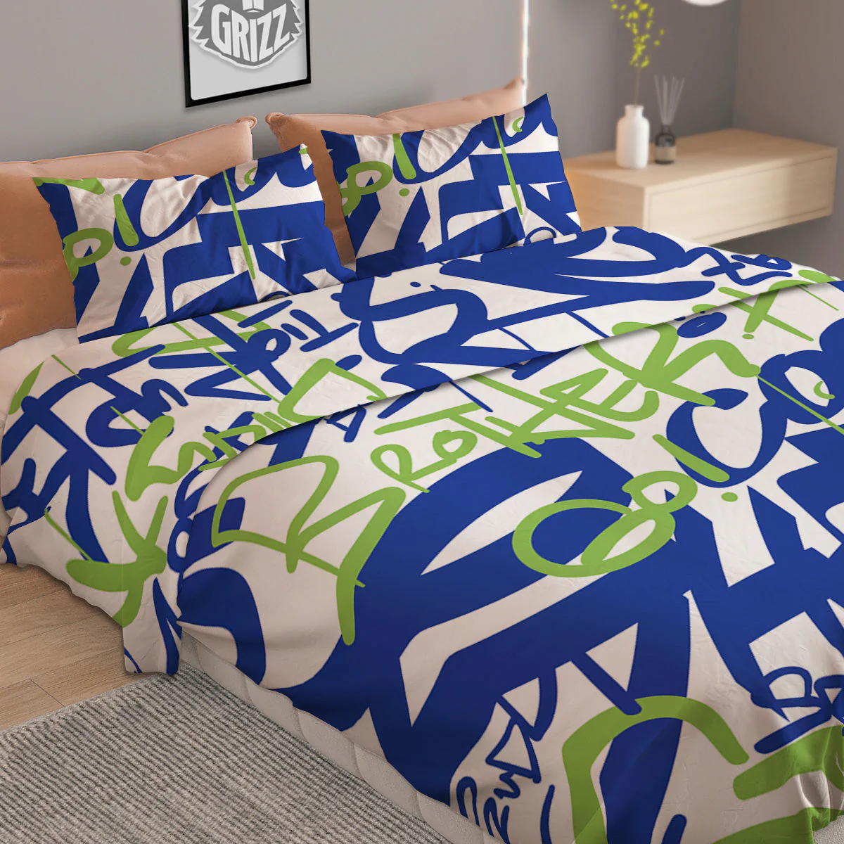 Green Blue Urban Graffiti Text Print Pattern Duvet Cover Bedding Set - Image 2