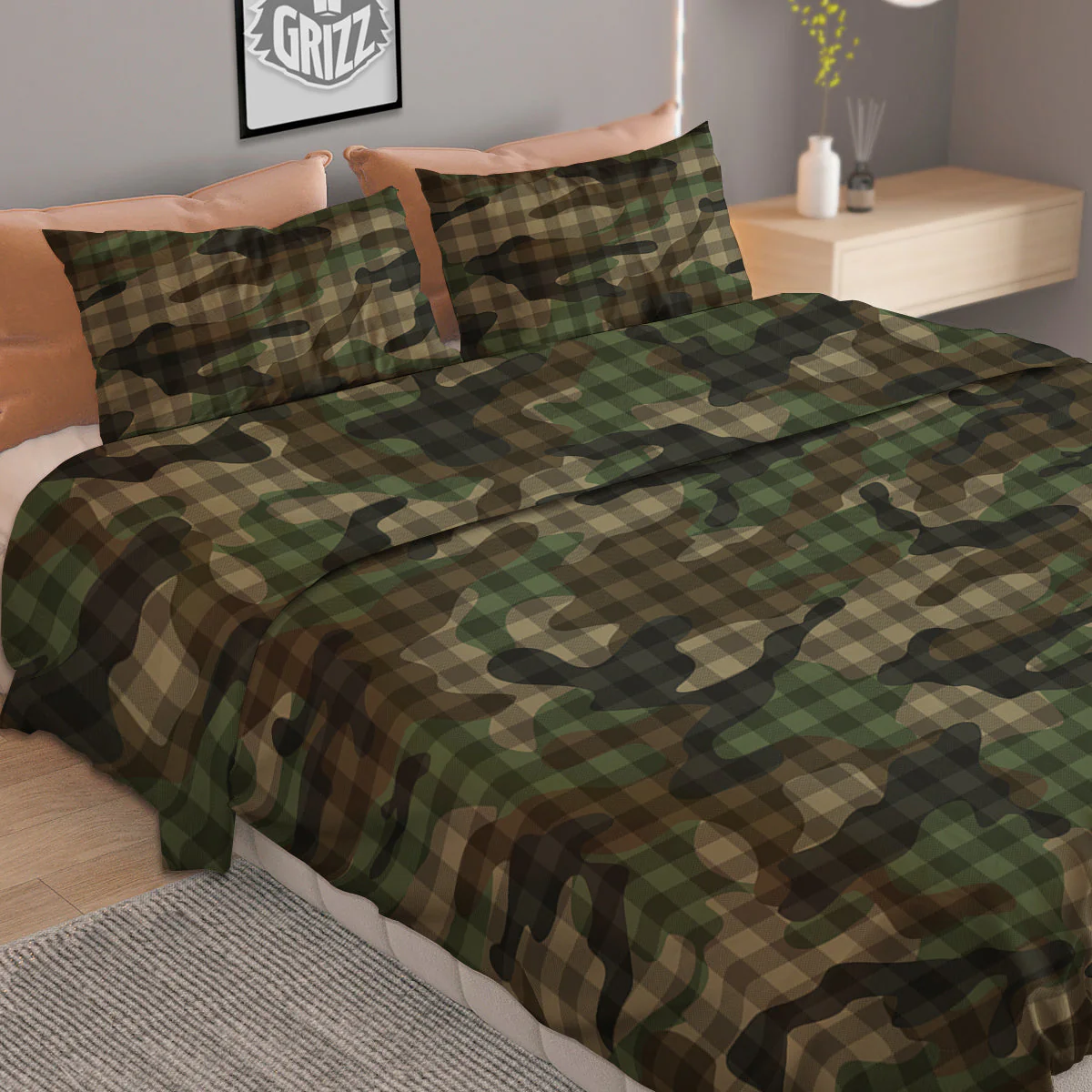 Green Camouflage Army Plaid Print Pattern Duvet Cover Bedding Set - Image 2