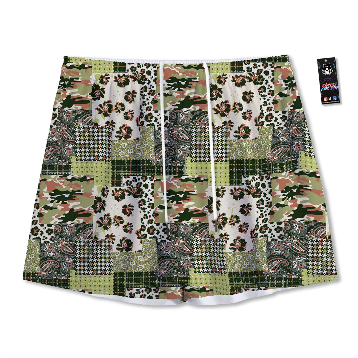 Green Camouflage Tartan Paisley Patchwork Print Pattern Mesh Shorts