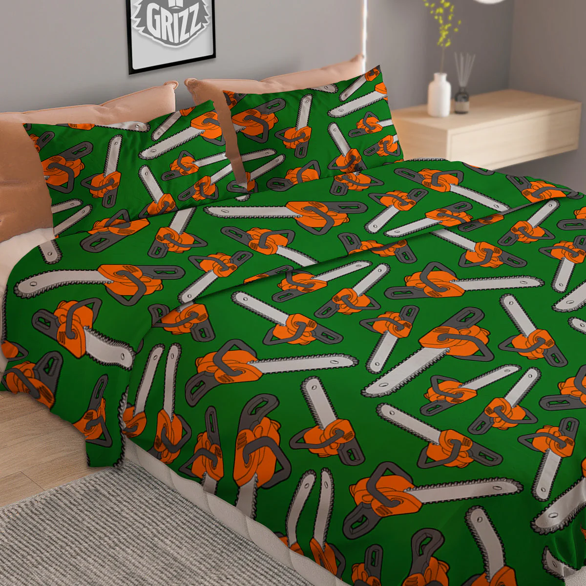 Green Chainsaw Print Pattern Duvet Cover Bedding Set - Image 2
