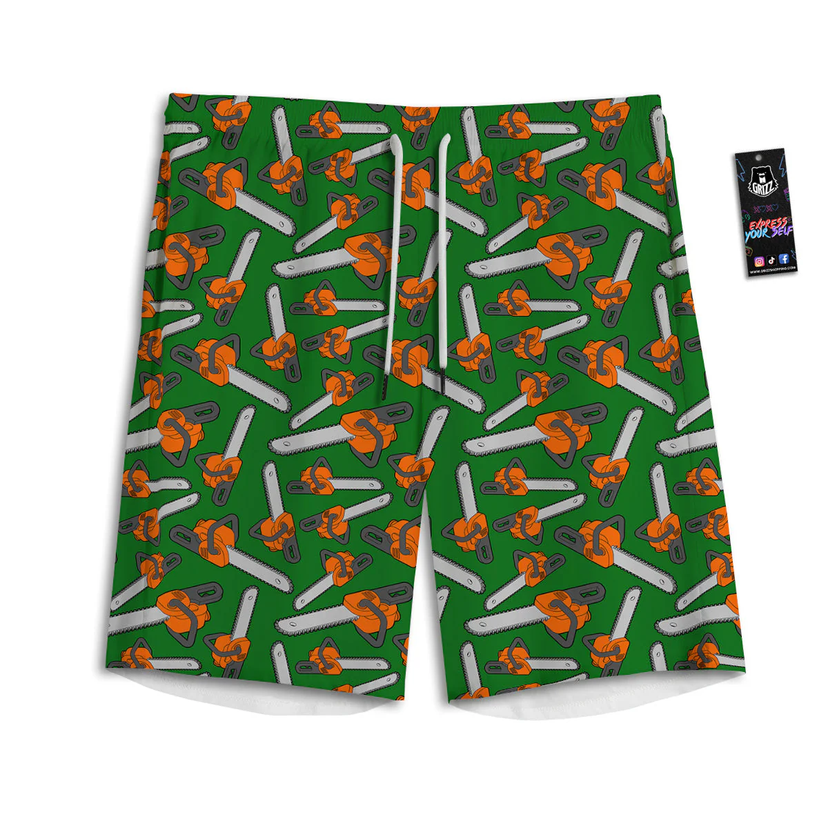 Green Chainsaw Print Pattern Men's Athletic Shorts