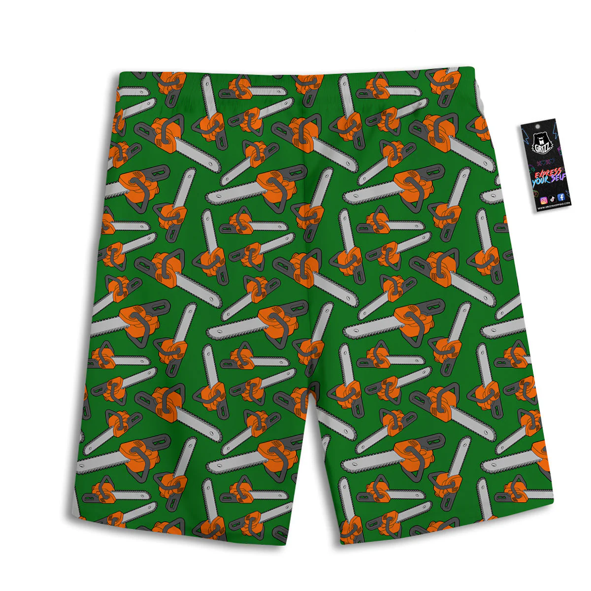 Green Chainsaw Print Pattern Men's Athletic Shorts - Image 2