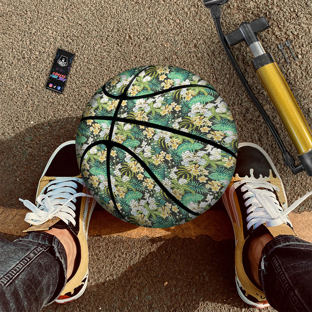 Green Chameleon And Flowers Plumeria Orchid Print Pattern Basketball - Image 2