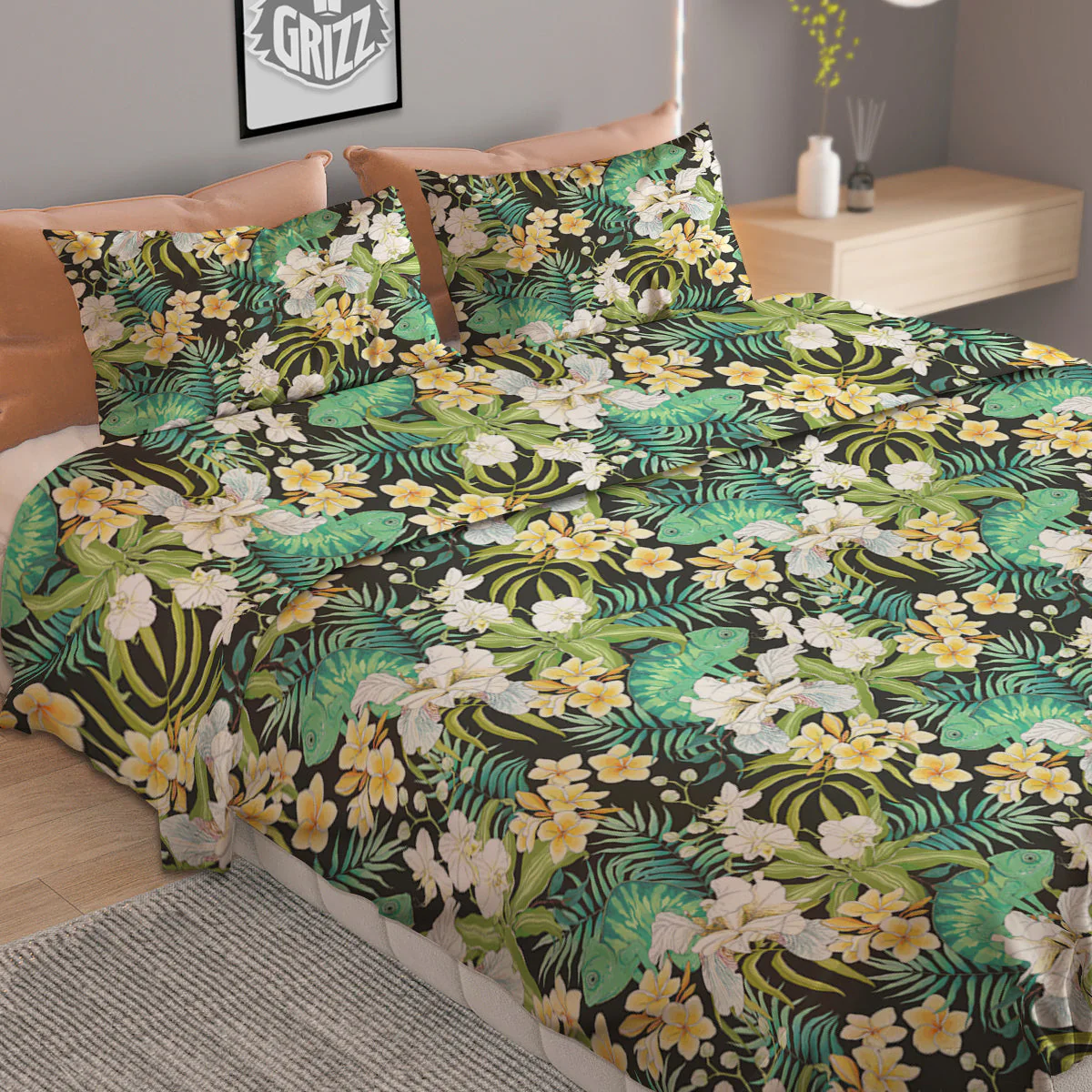 Green Chameleon And Flowers Plumeria Orchid Print Pattern Duvet Cover Bedding Set - Image 2