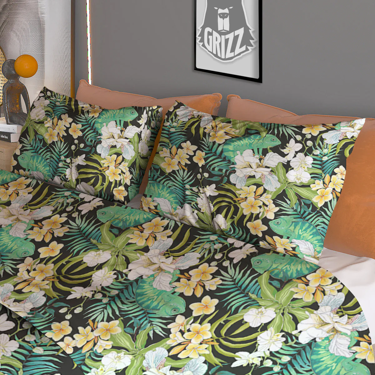Green Chameleon And Flowers Plumeria Orchid Print Pattern Duvet Cover Bedding Set - Image 3