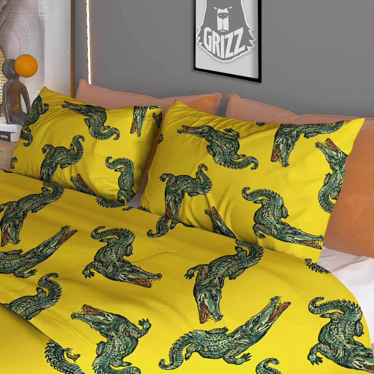 Green Crocodile And Yellow Print Pattern Duvet Cover Bedding Set - Image 3