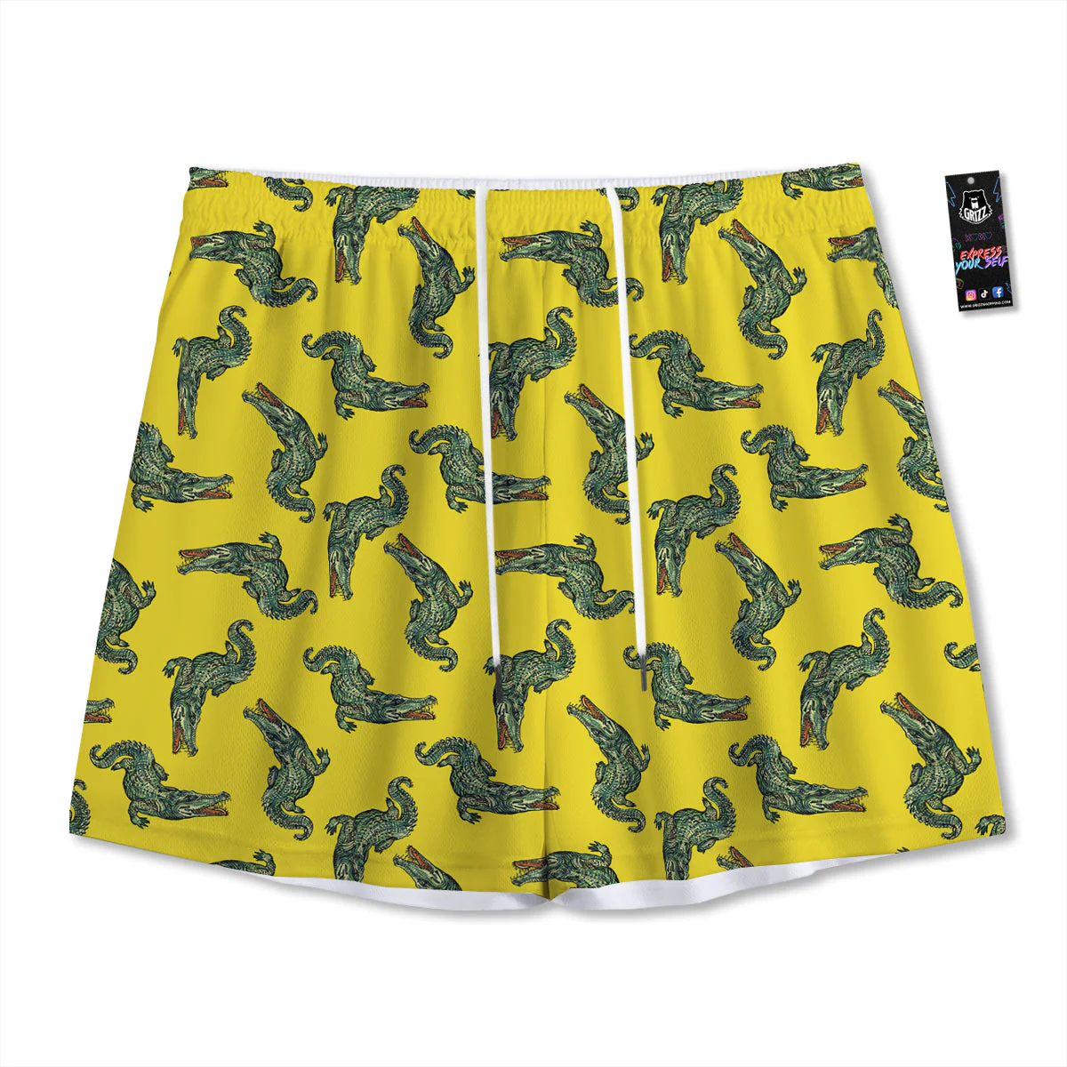 Green Crocodile And Yellow Print Pattern Mesh Shorts