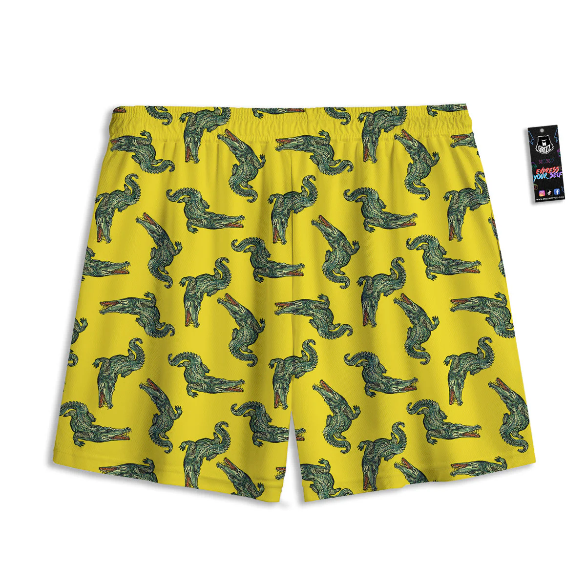 Green Crocodile And Yellow Print Pattern Mesh Shorts - Image 2