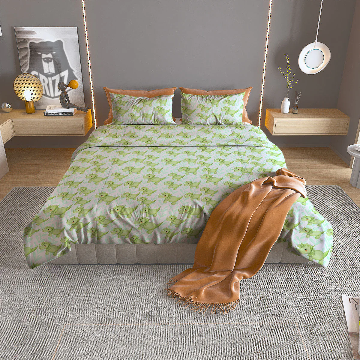 Green Dinosaur Little Print Pattern Duvet Cover Bedding Set