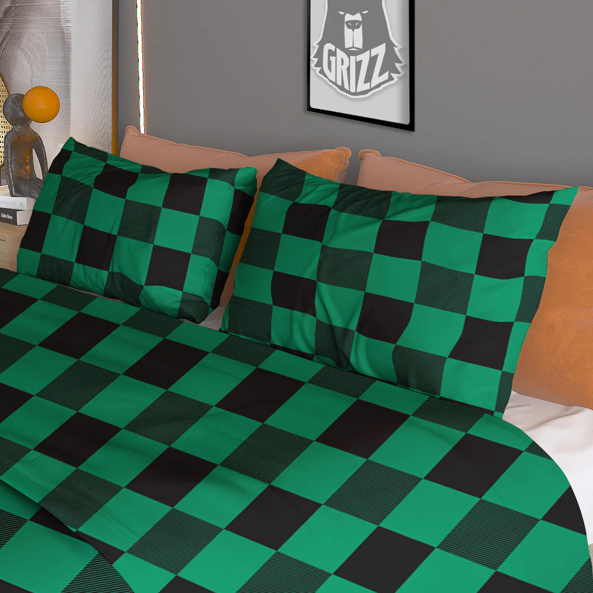 Green Forest And White Checkered Print Duvet Cover Bedding Set - Image 3