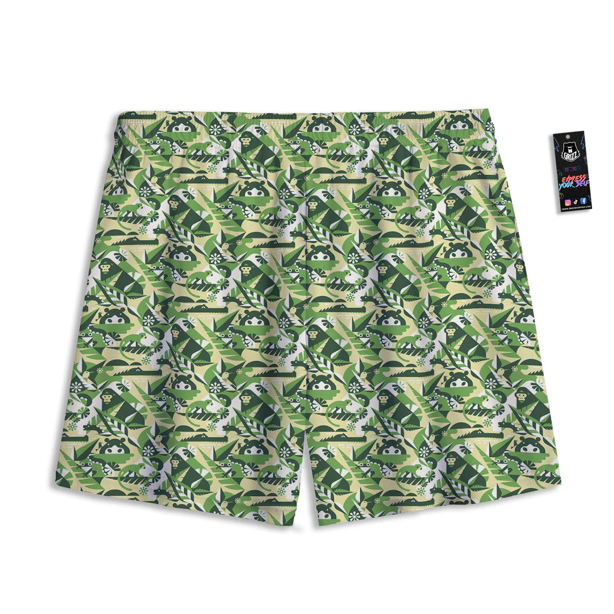 Green Geometric African Jungle Print Pattern Mesh Shorts - Image 2