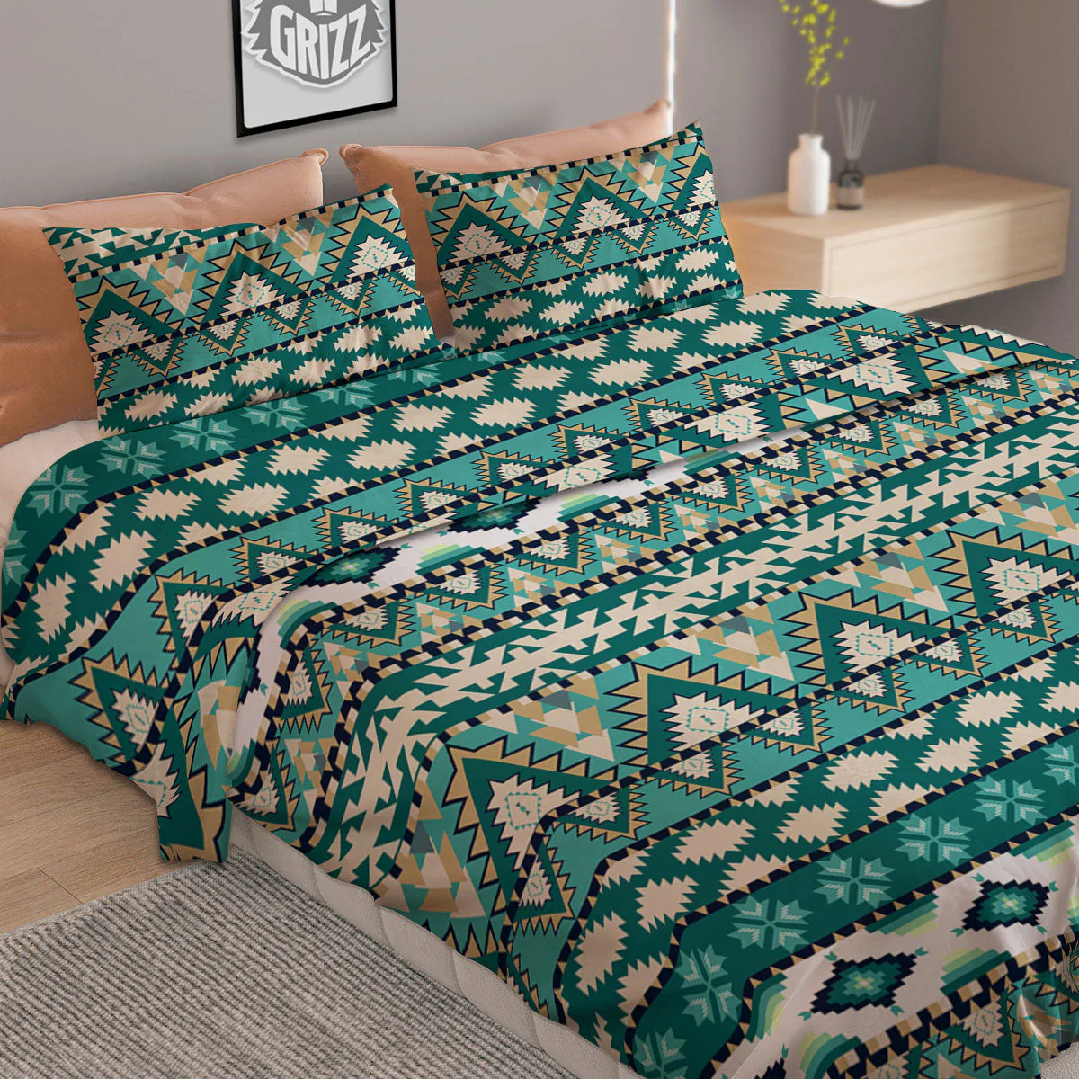 Green Indian Tribal Native Print Pattern Duvet Cover Bedding Set - Image 2