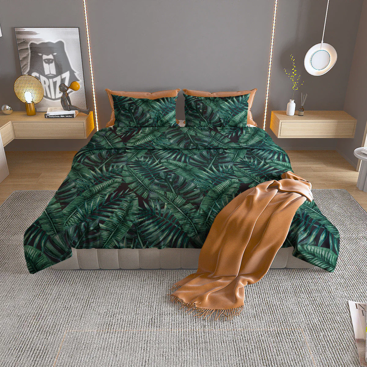 Green Leaf Tropical Print Pattern Duvet Cover Bedding Set