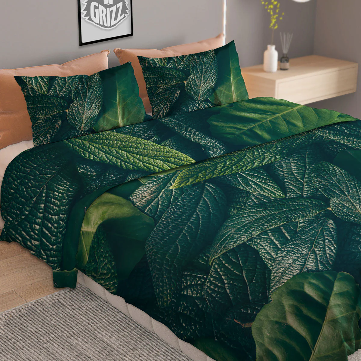 Green Leaves Print Duvet Cover Bedding Set - Image 2