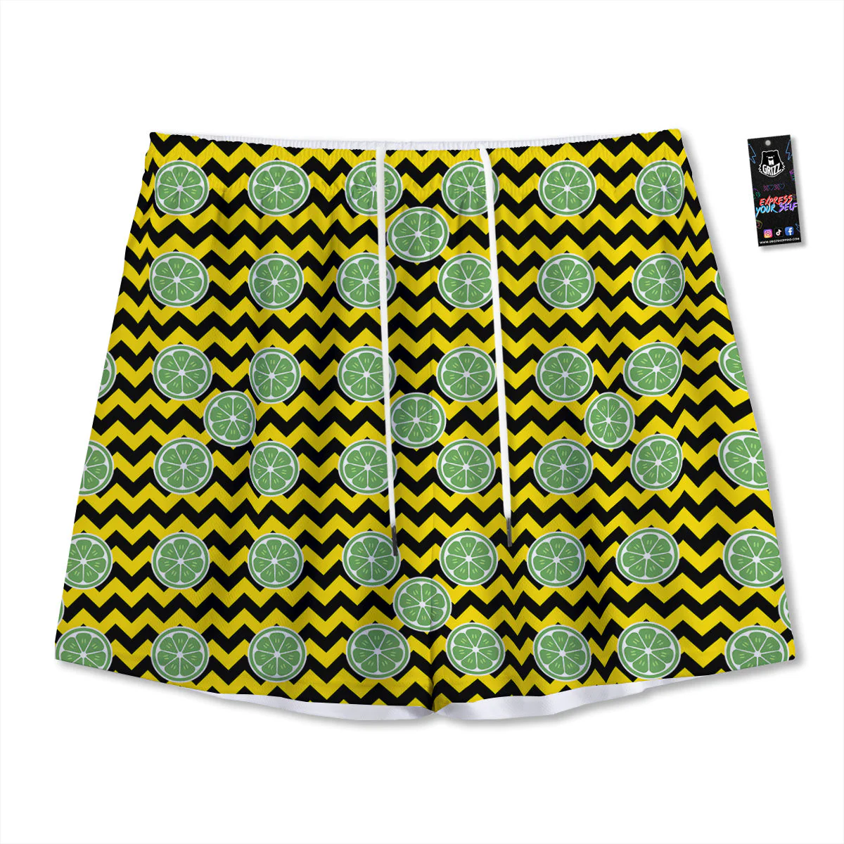 Green Lime And Yellow Zigzag Print Pattern Mesh Shorts