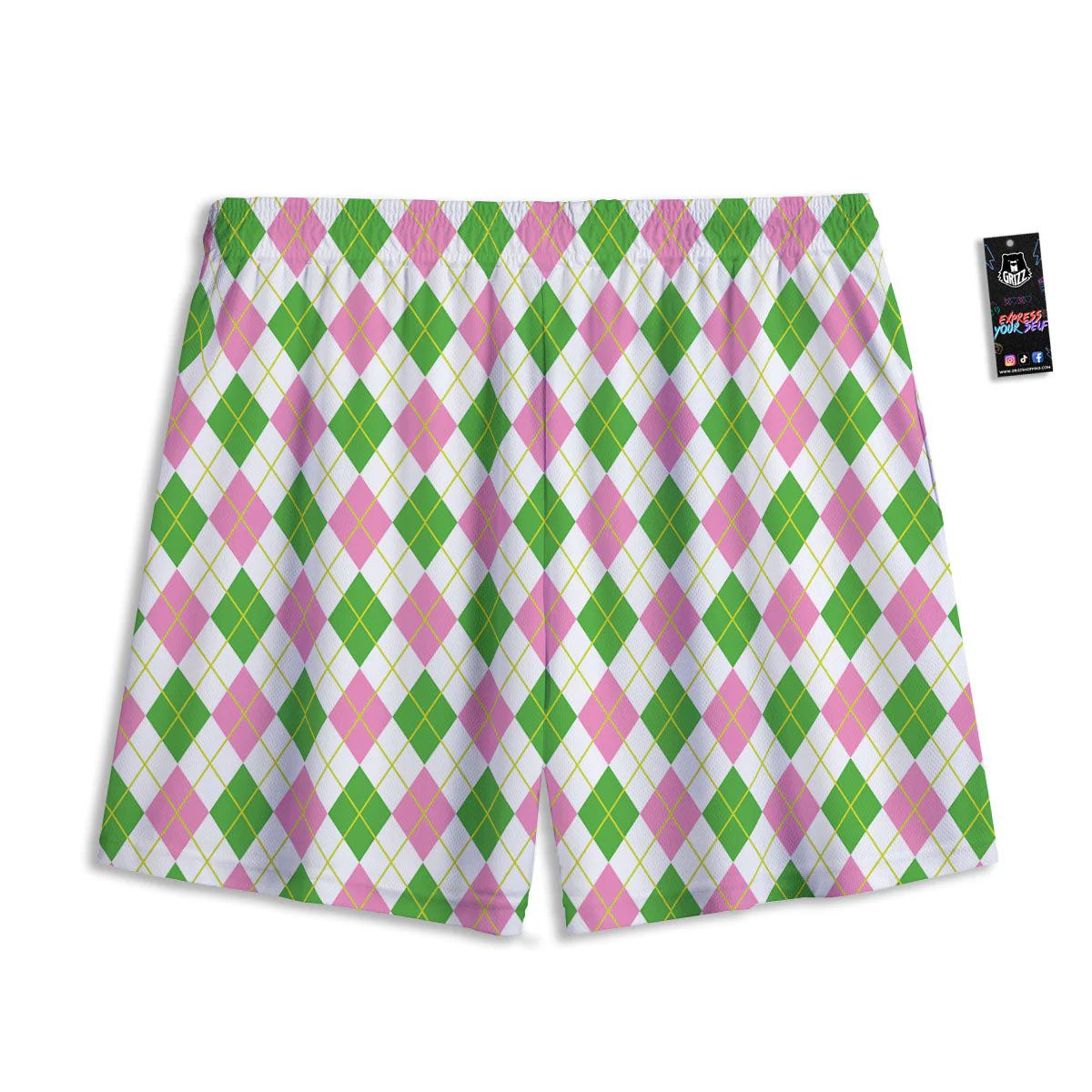 Green Pink And White Argyle Print Pattern Mesh Shorts - Image 2