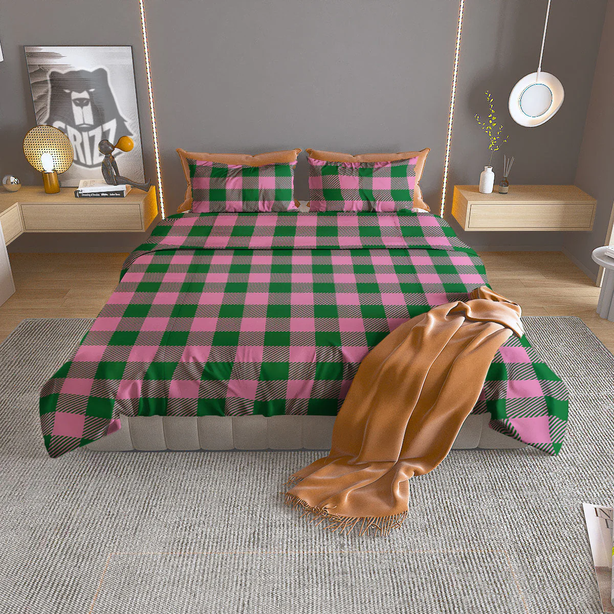 Green Pink And White Tartan Print Pattern Duvet Cover Bedding Set