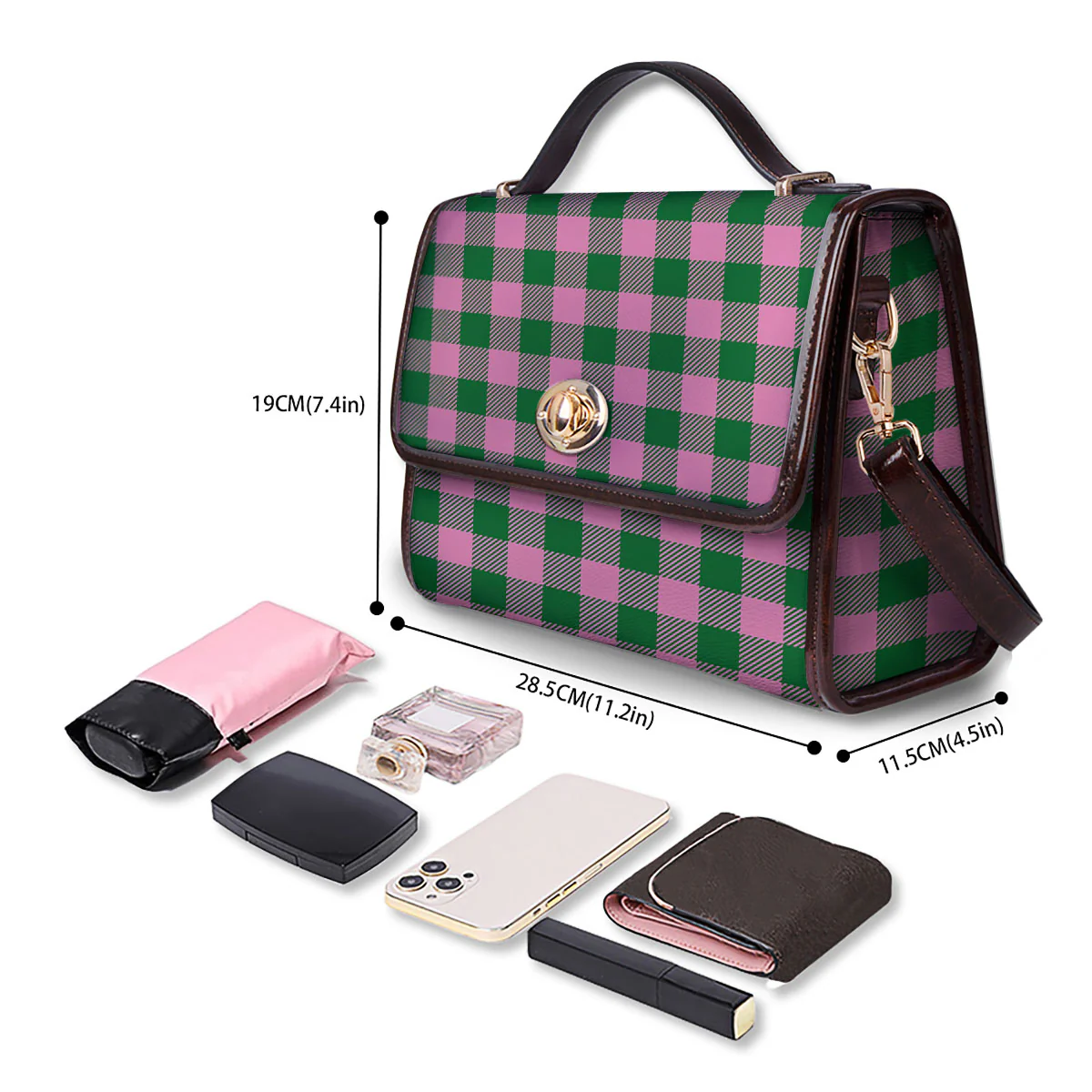 Green Pink And White Tartan Print Pattern Women's Satchel Bag - Image 4