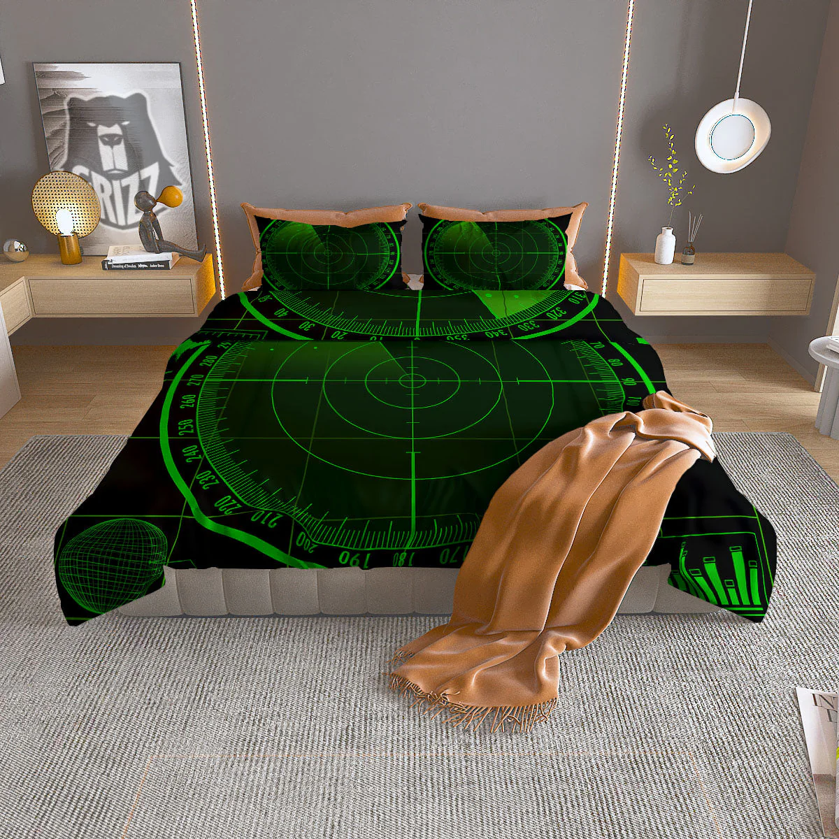 Green Radar Screen Print Duvet Cover Bedding Set