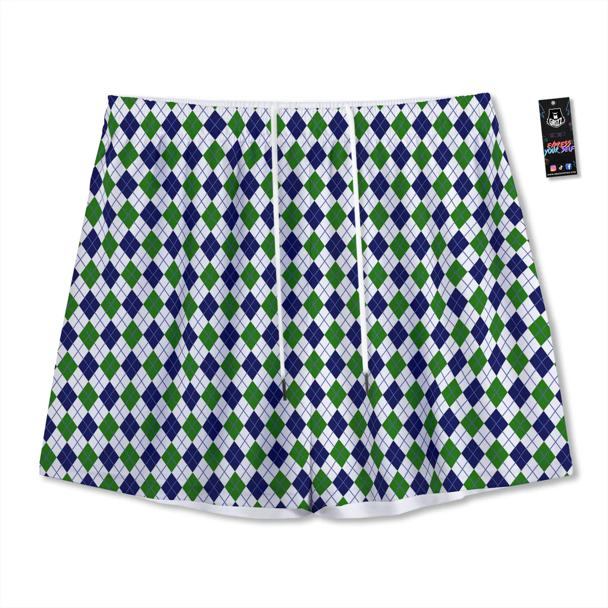 Green White And Navy Argyle Print Pattern Mesh Shorts