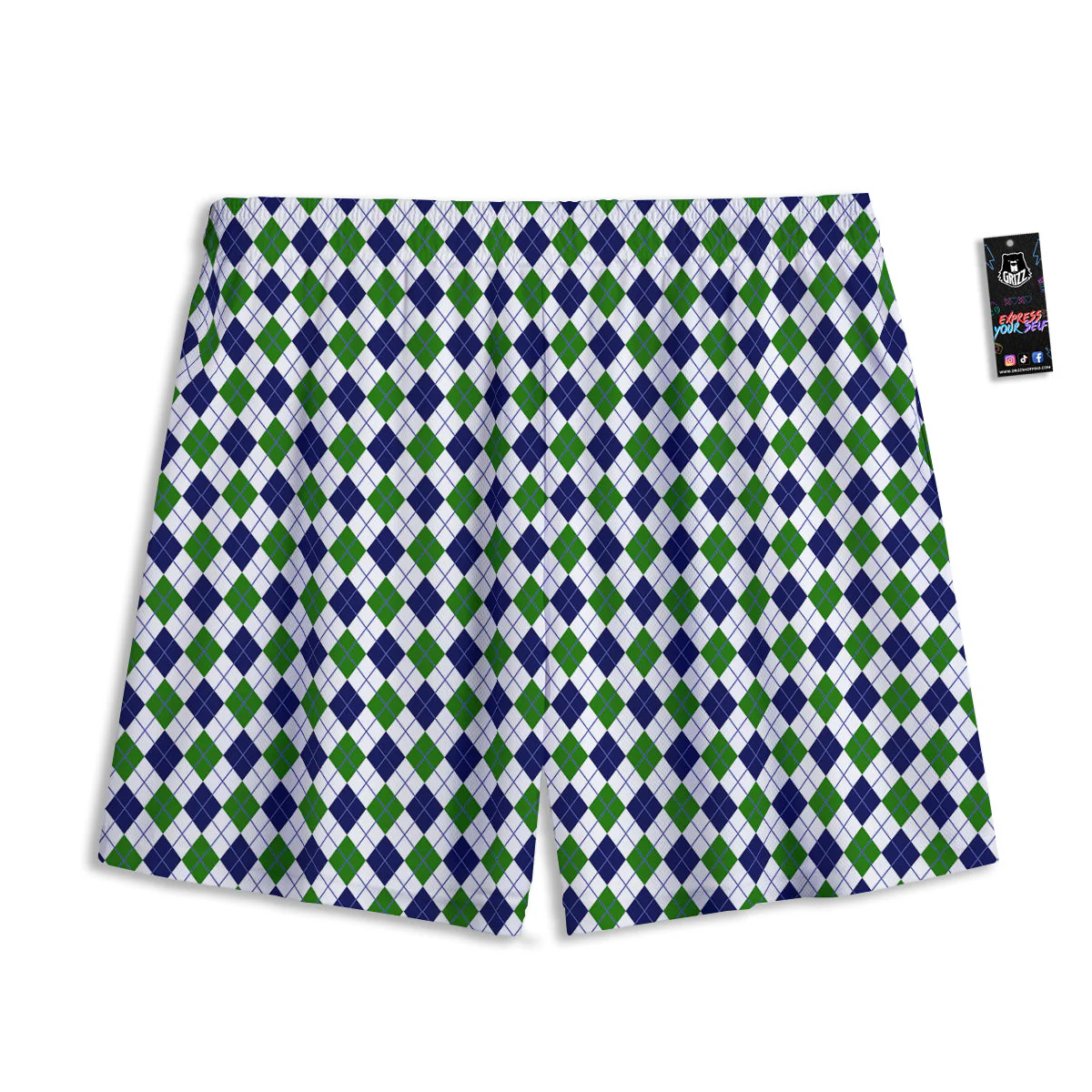 Green White And Navy Argyle Print Pattern Mesh Shorts - Image 2