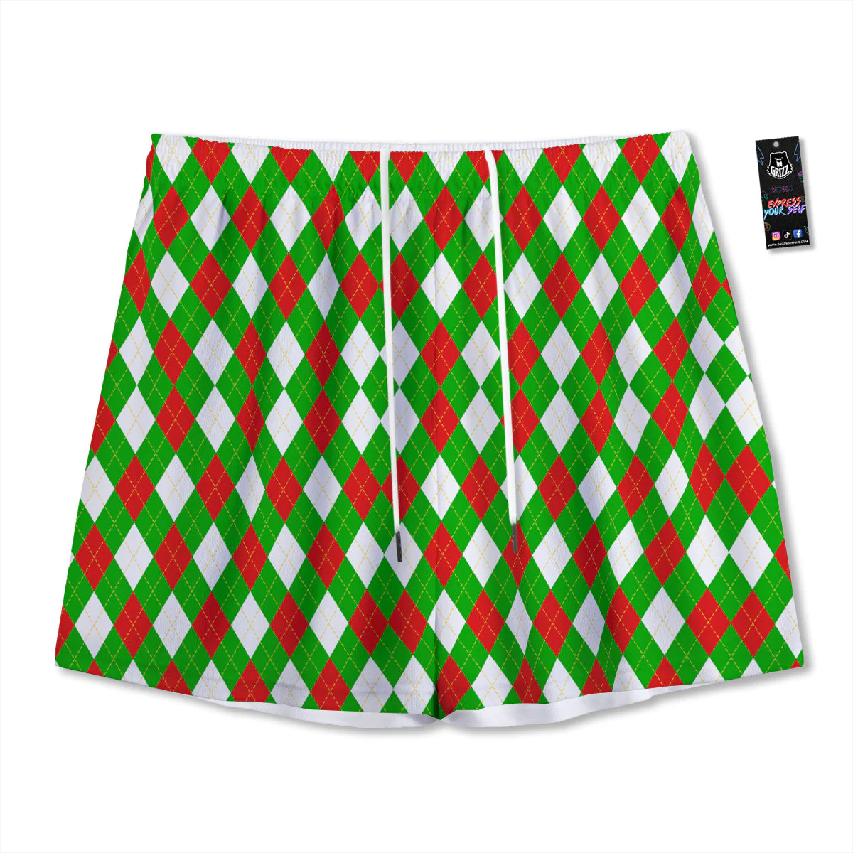 Green White And Red Argyle Print Pattern Mesh Shorts