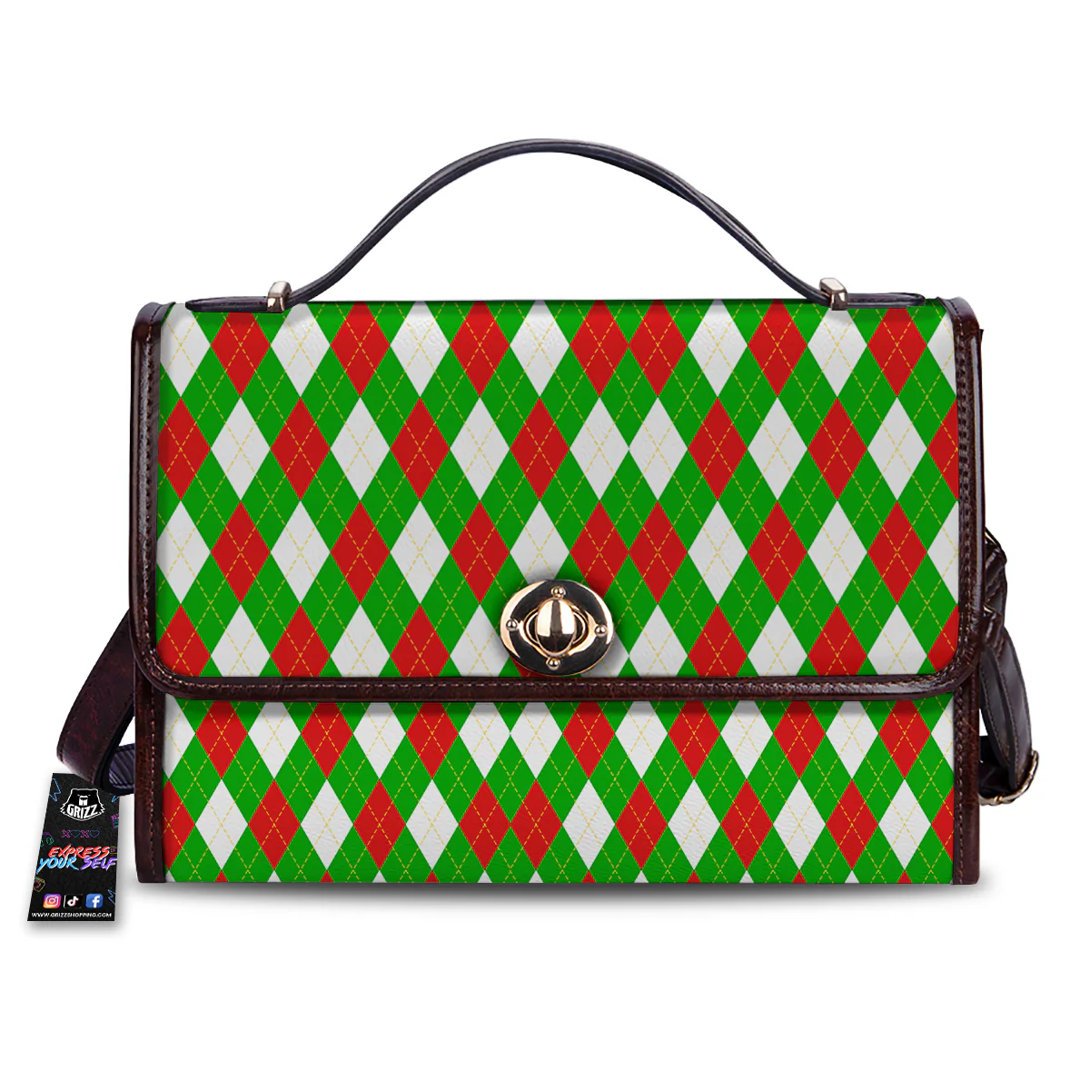 Green White And Red Argyle Print Pattern Women's Satchel Bag