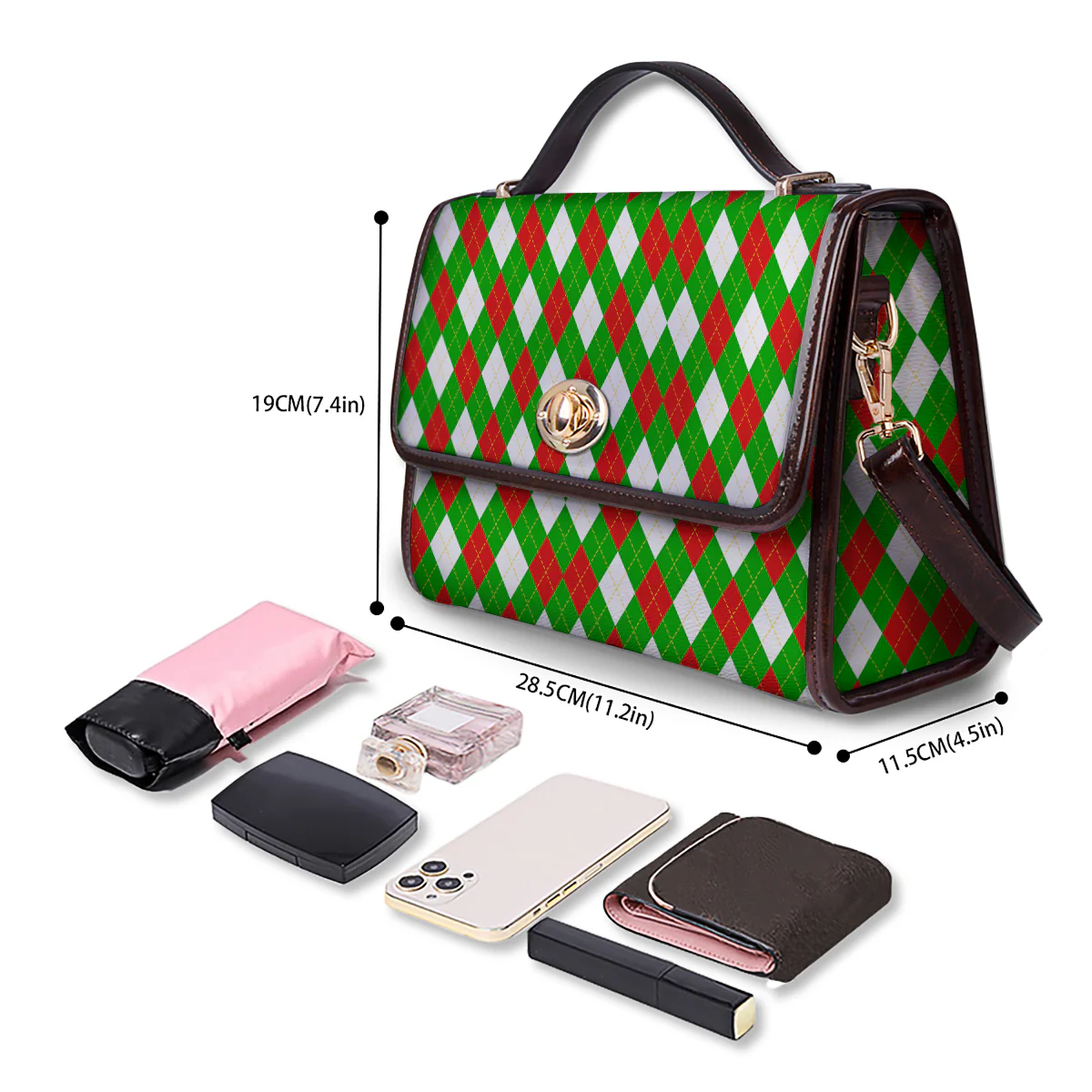 Green White And Red Argyle Print Pattern Women's Satchel Bag - Image 4