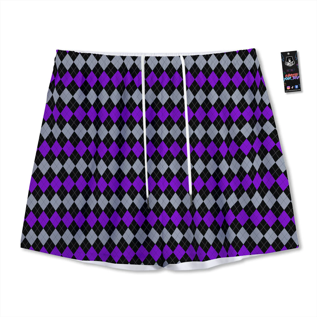 Grey Black And Violet Argyle Print Mesh Shorts