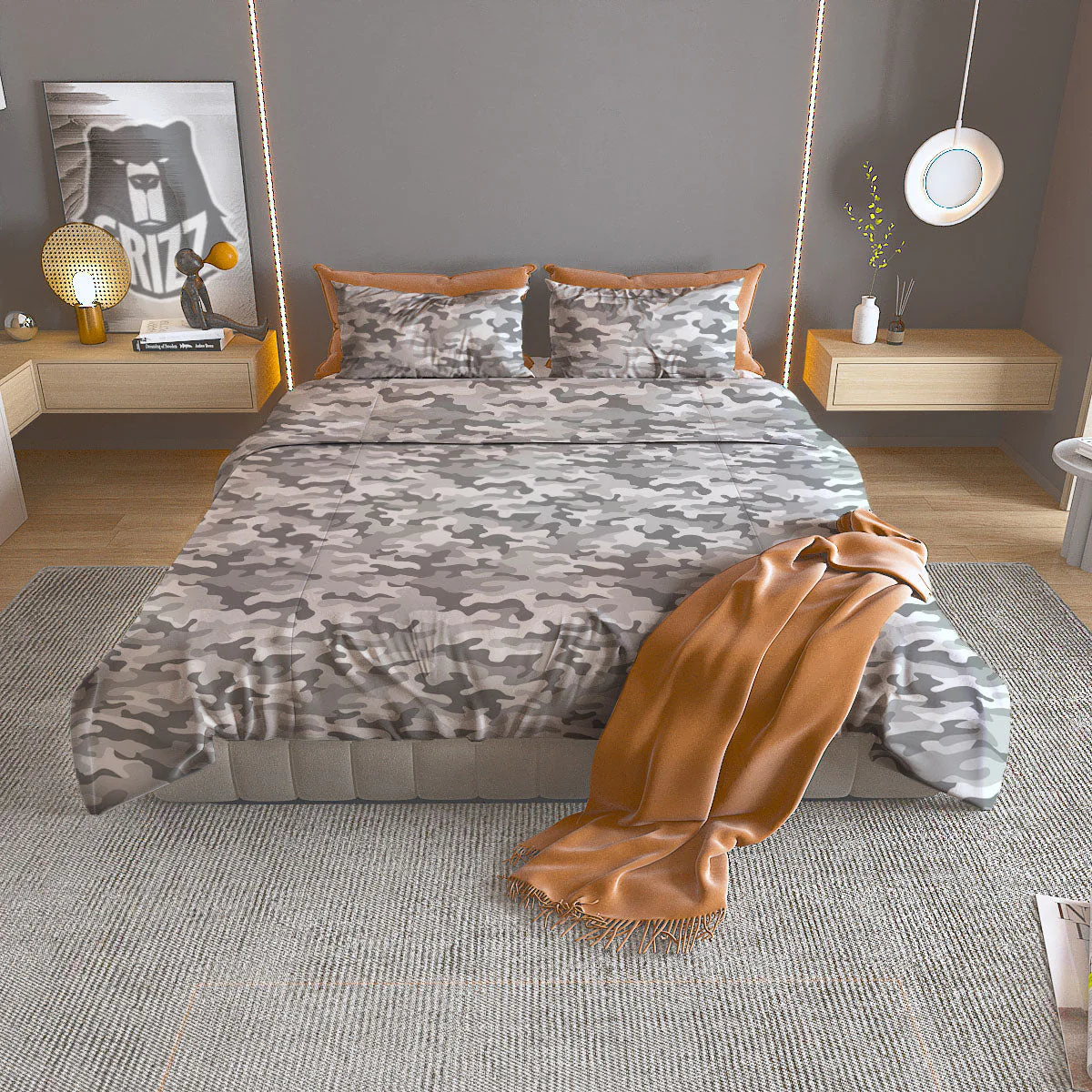 Grey Camouflage Print Pattern Duvet Cover Bedding Set