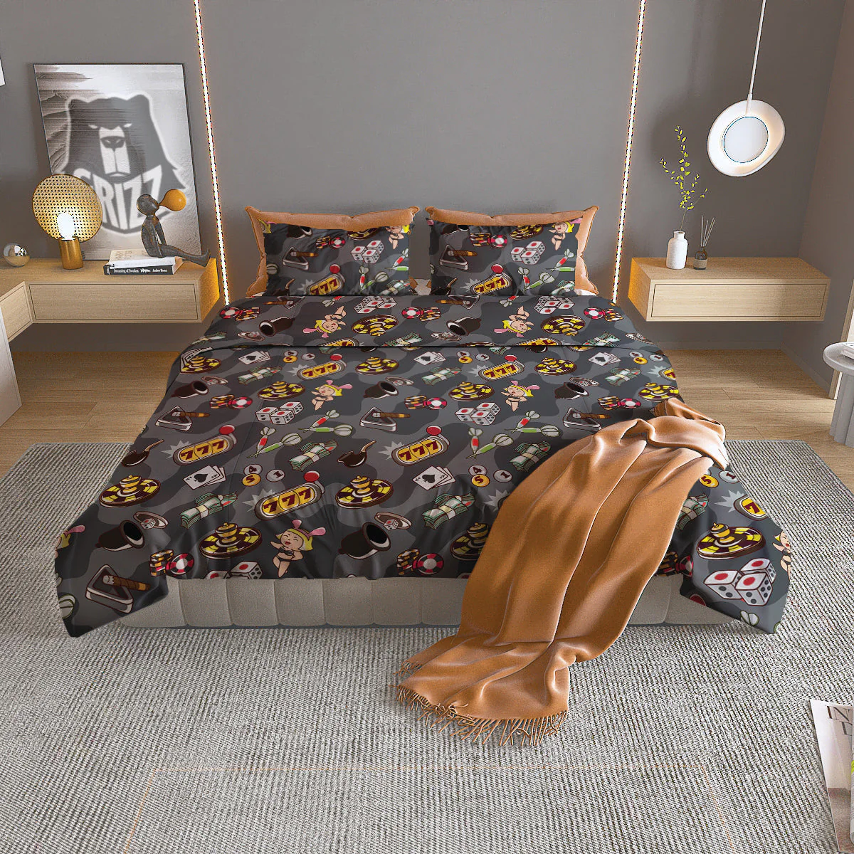 Grey Cute Casino Print Pattern Duvet Cover Bedding Set