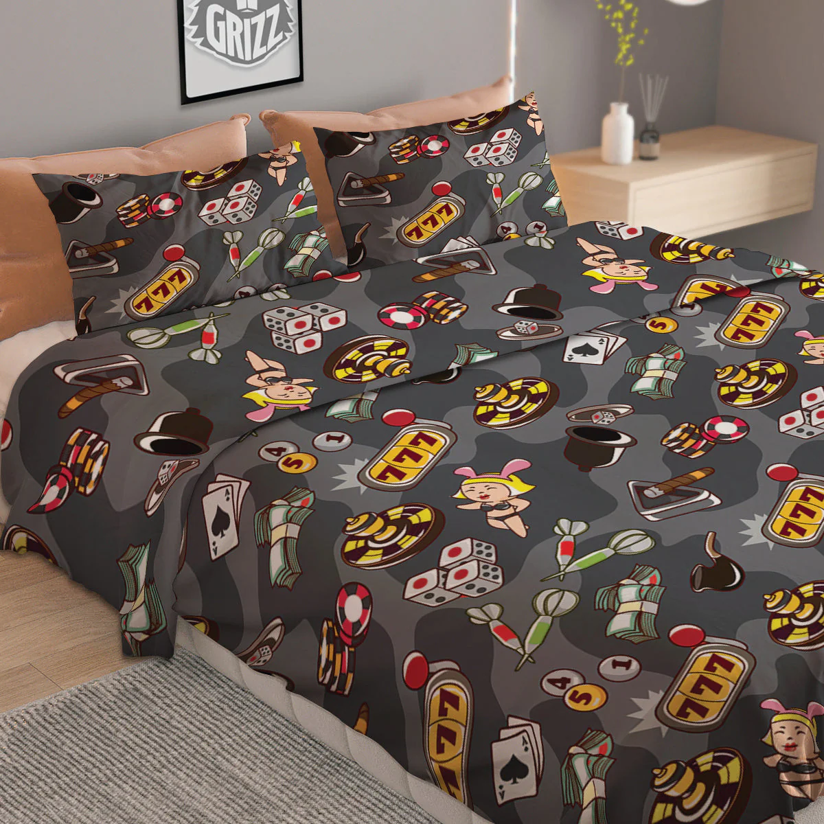 Grey Cute Casino Print Pattern Duvet Cover Bedding Set - Image 2