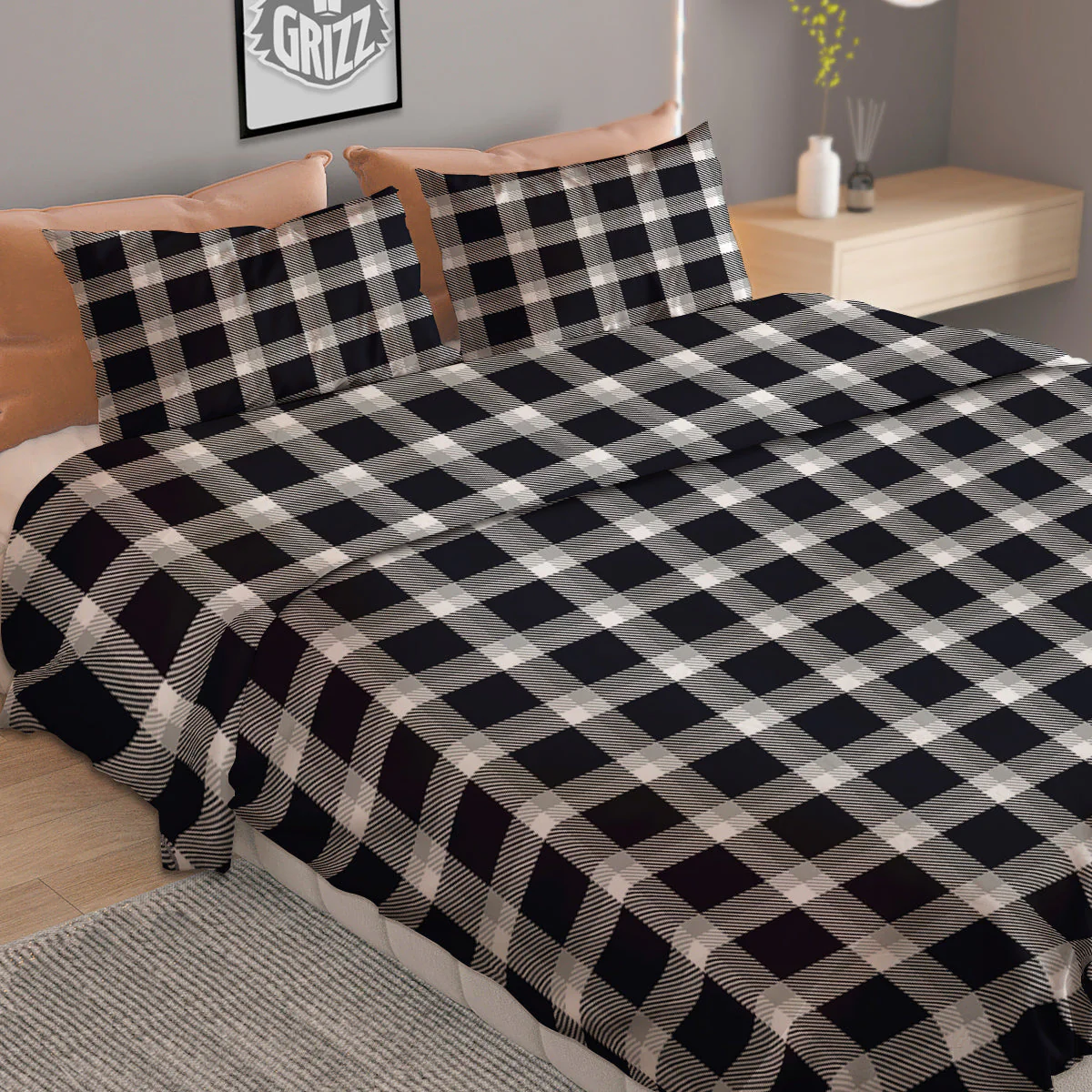 Grey Dark And White Gingham Print Duvet Cover Bedding Set - Image 2