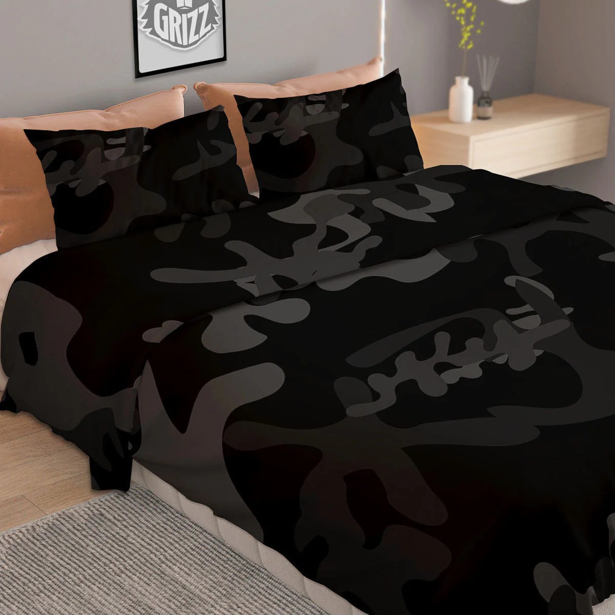 Grey Digital Camo Black Print Pattern Duvet Cover Bedding Set - Image 2