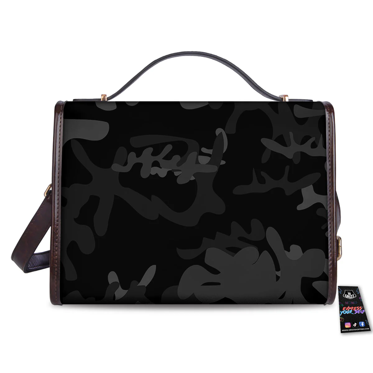 Grey Digital Camo Black Print Pattern Women's Satchel Bag - Image 2
