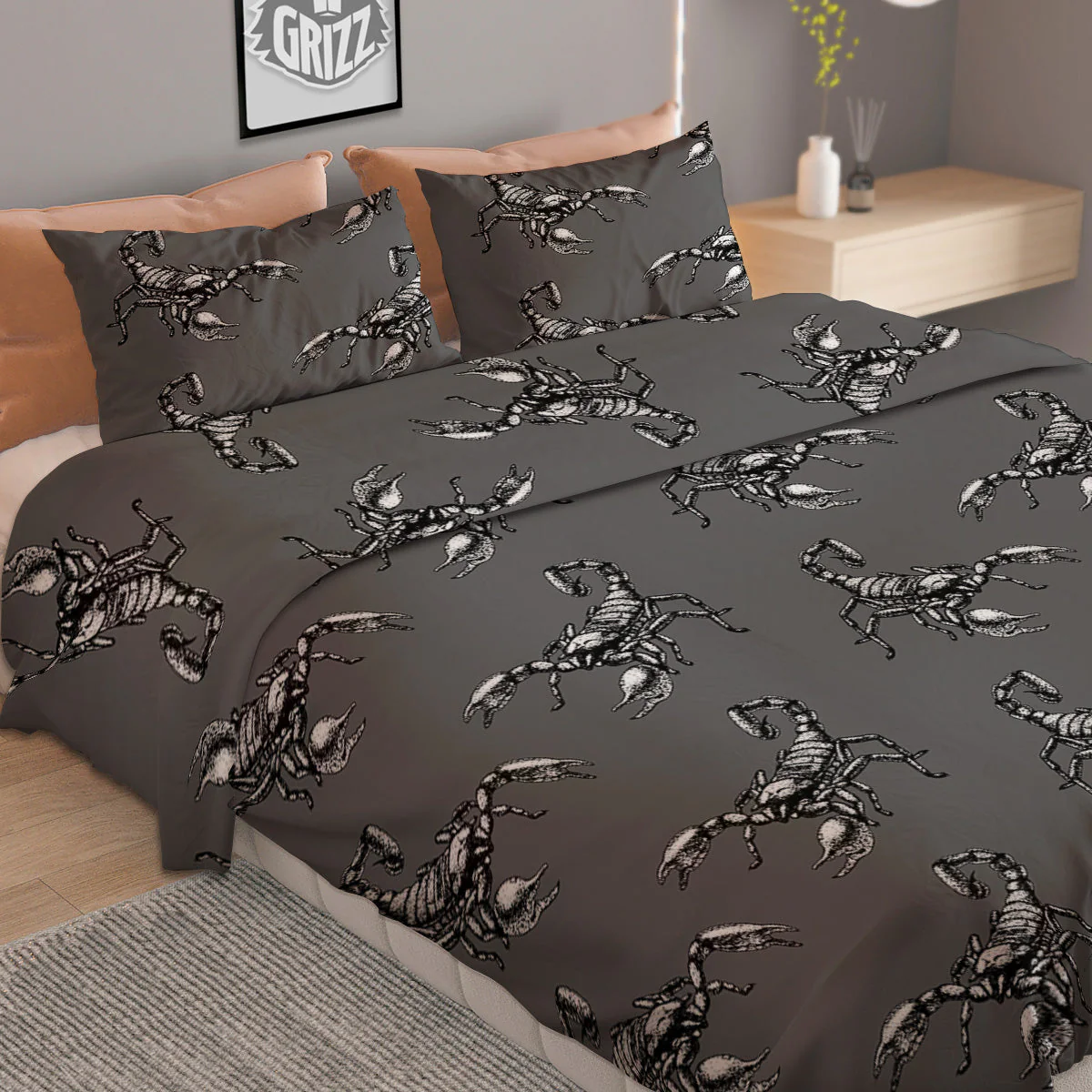 Grey Hand Drawn Scorpion Print Pattern Duvet Cover Bedding Set - Image 2
