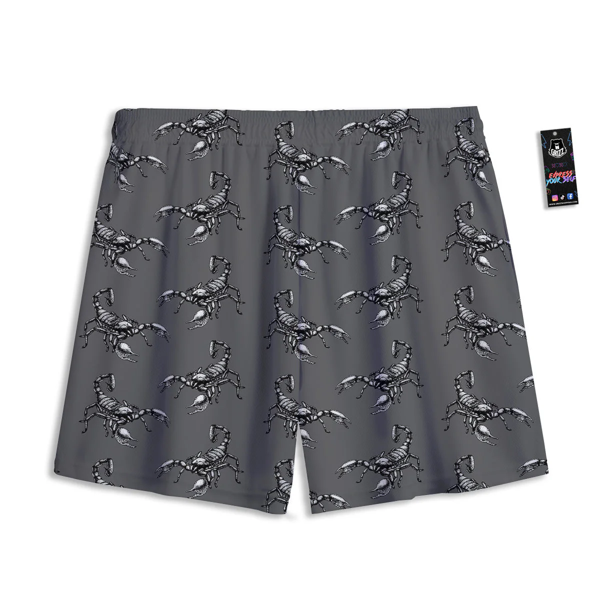 Grey Hand Drawn Scorpion Print Pattern Mesh Shorts - Image 2