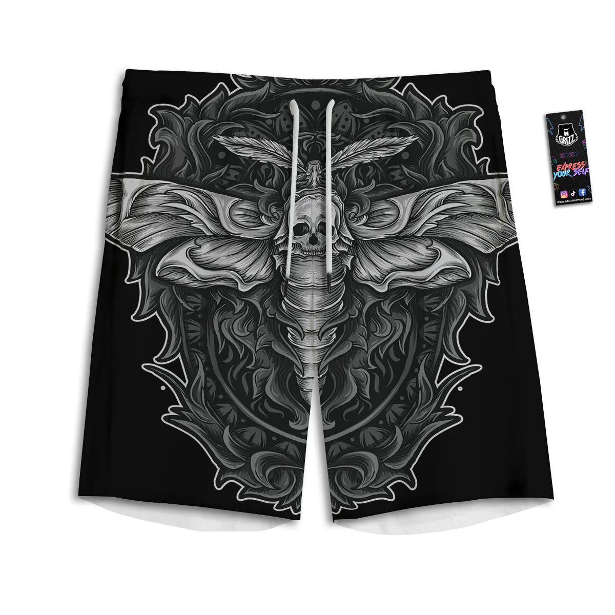 Grey Moth Skull Print Men's Athletic Shorts