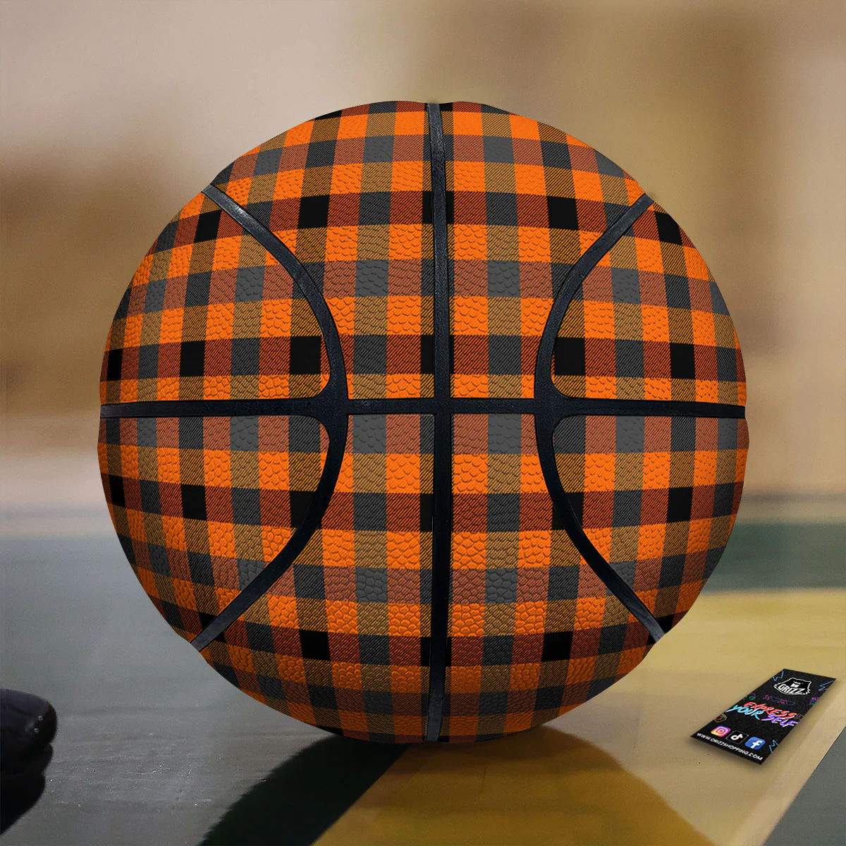 Grey Orange And White Tartan Print Pattern Basketball