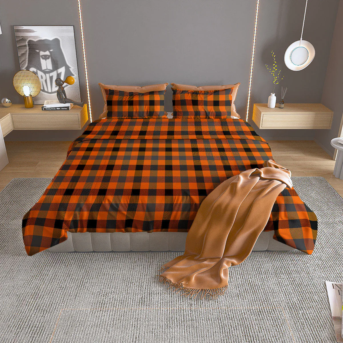Grey Orange And White Tartan Print Pattern Duvet Cover Bedding Set