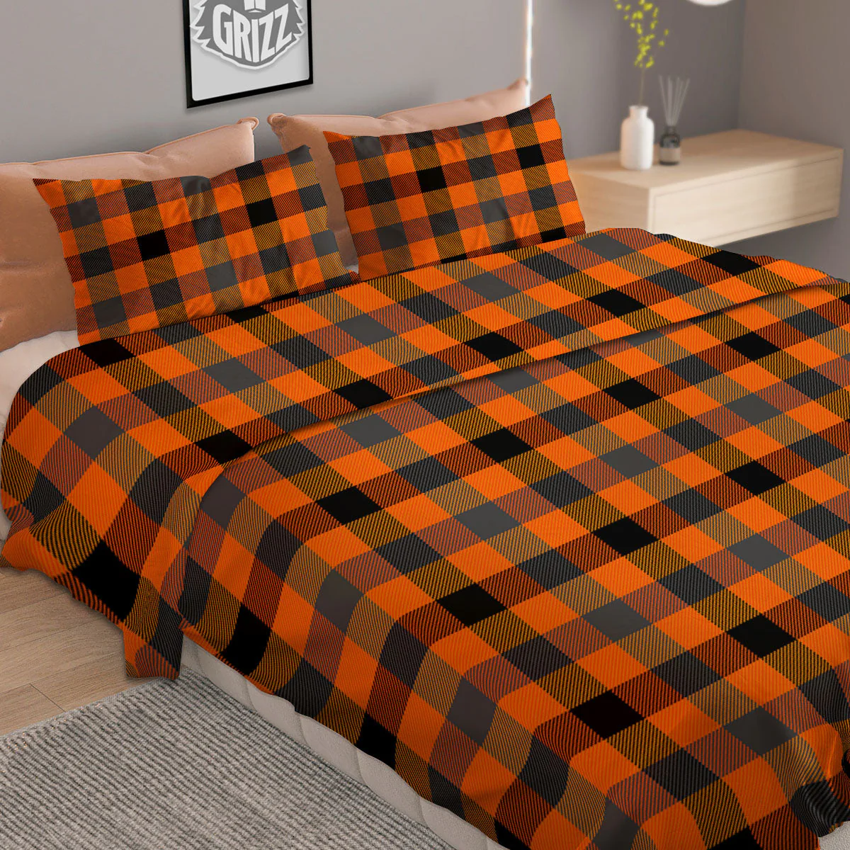 Grey Orange And White Tartan Print Pattern Duvet Cover Bedding Set - Image 2