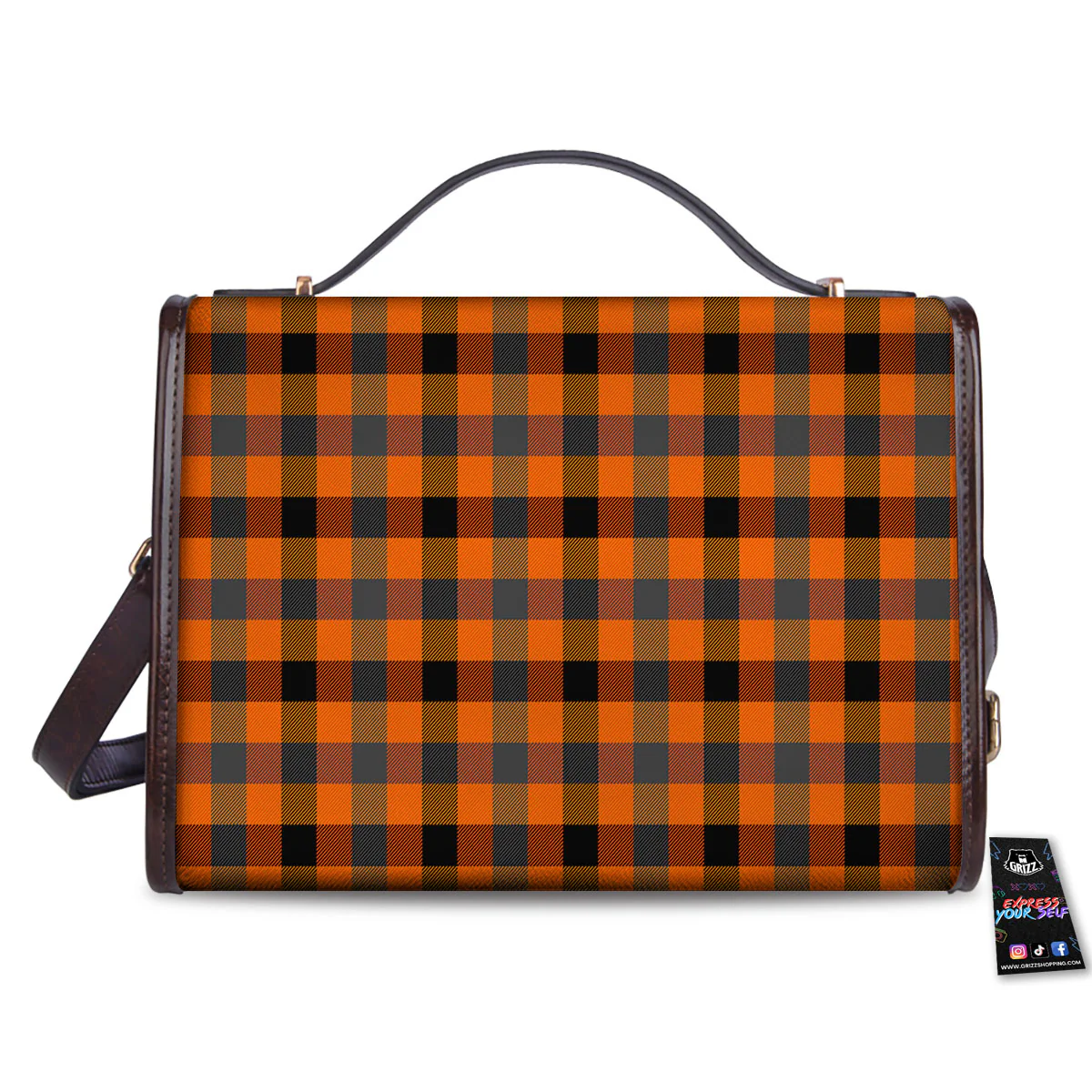 Grey Orange And White Tartan Print Pattern Women's Satchel Bag - Image 2