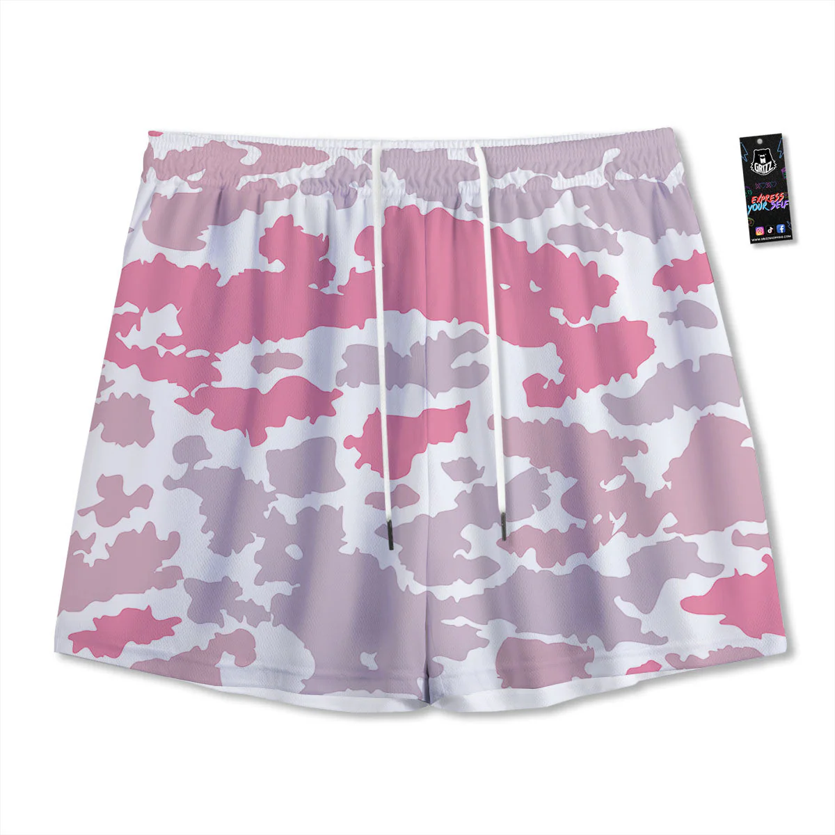 Grey Pink And White Camo Print Mesh Shorts