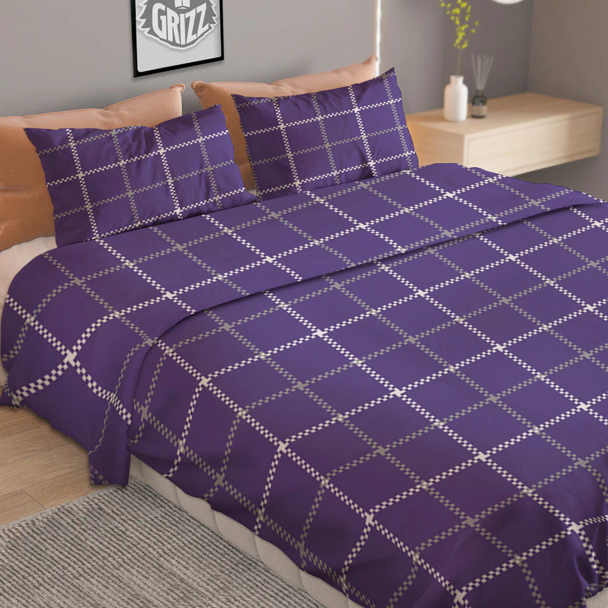 Grey Purple And White Tattersall Print Pattern Duvet Cover Bedding Set - Image 2