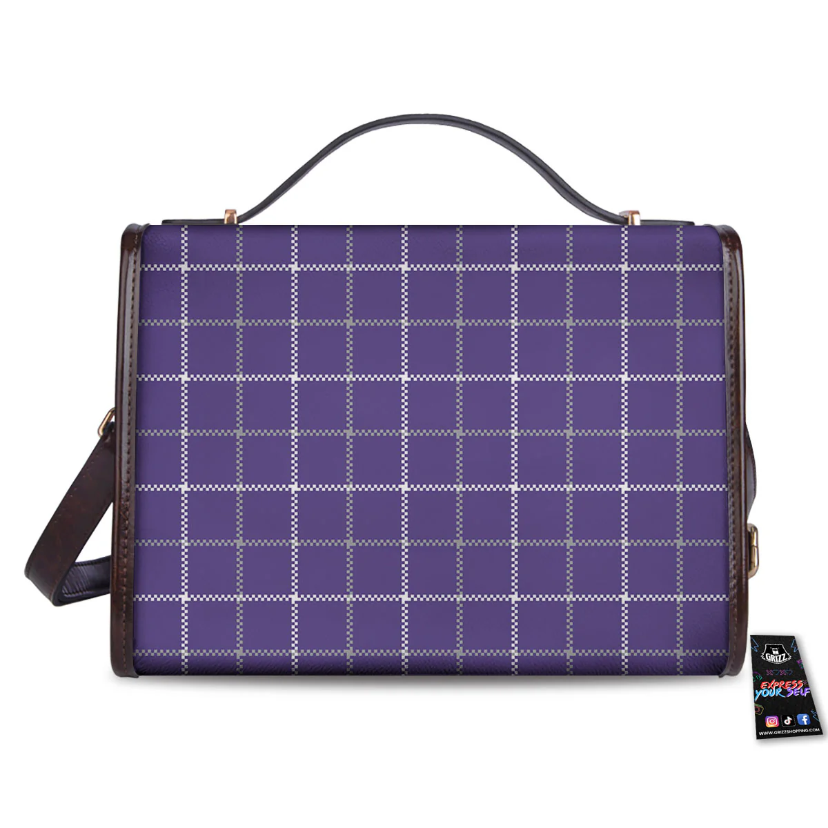 Grey Purple And White Tattersall Print Pattern Women's Satchel Bag - Image 2