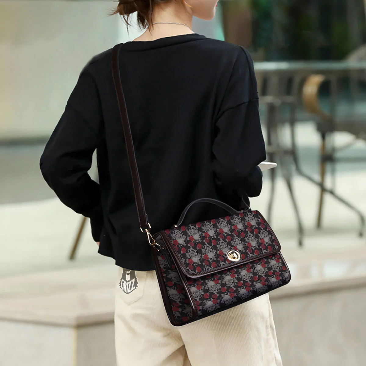 Grey Skull Red Rose Print Pattern Women's Satchel Bag - Image 3
