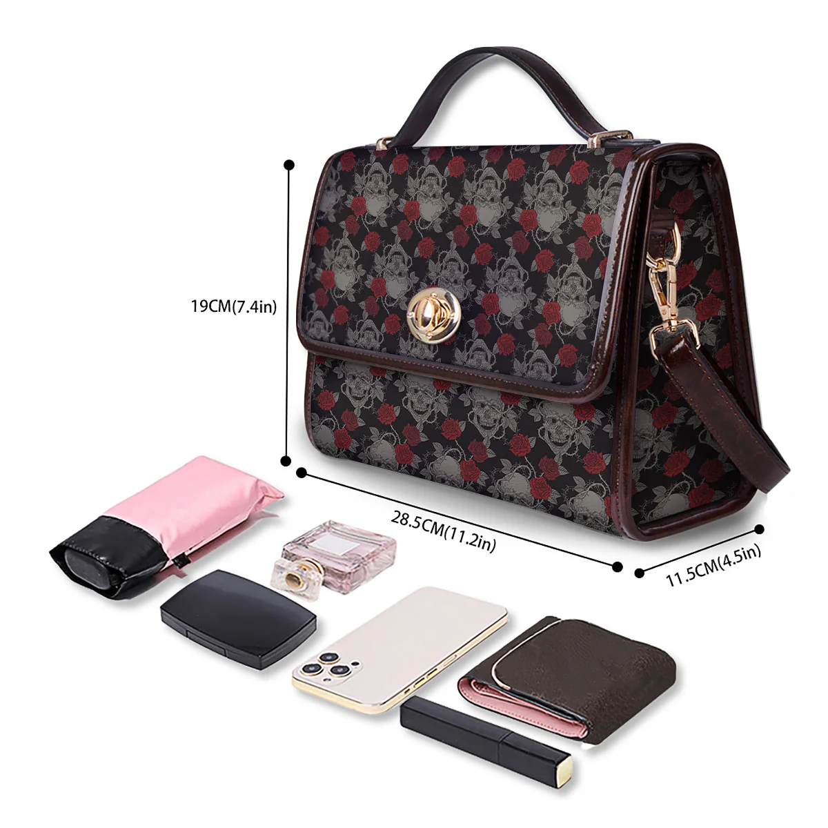 Grey Skull Red Rose Print Pattern Women's Satchel Bag - Image 4