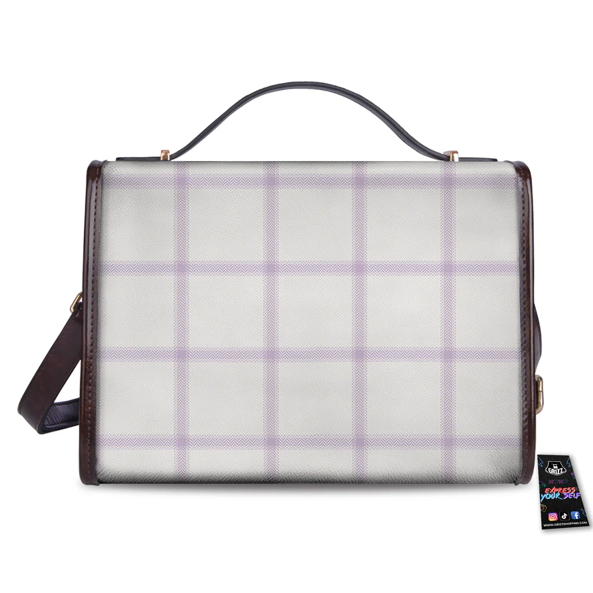 Grey White And Purple Tattersall Print Pattern Women's Satchel Bag - Image 2