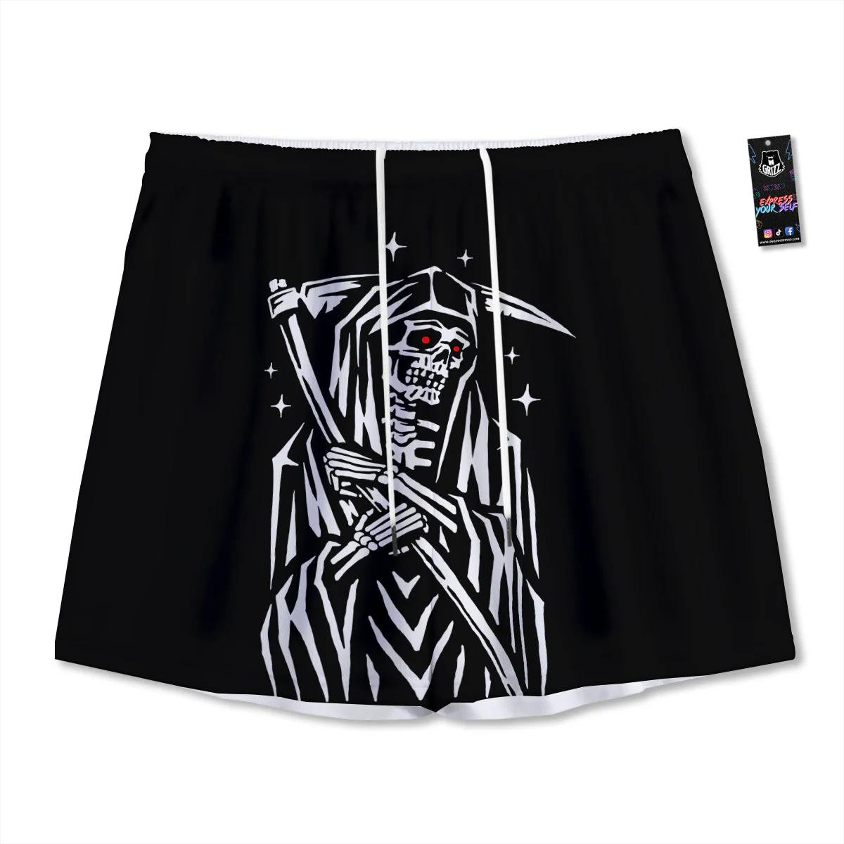 Grim Reaper Sad Print Mesh Shorts